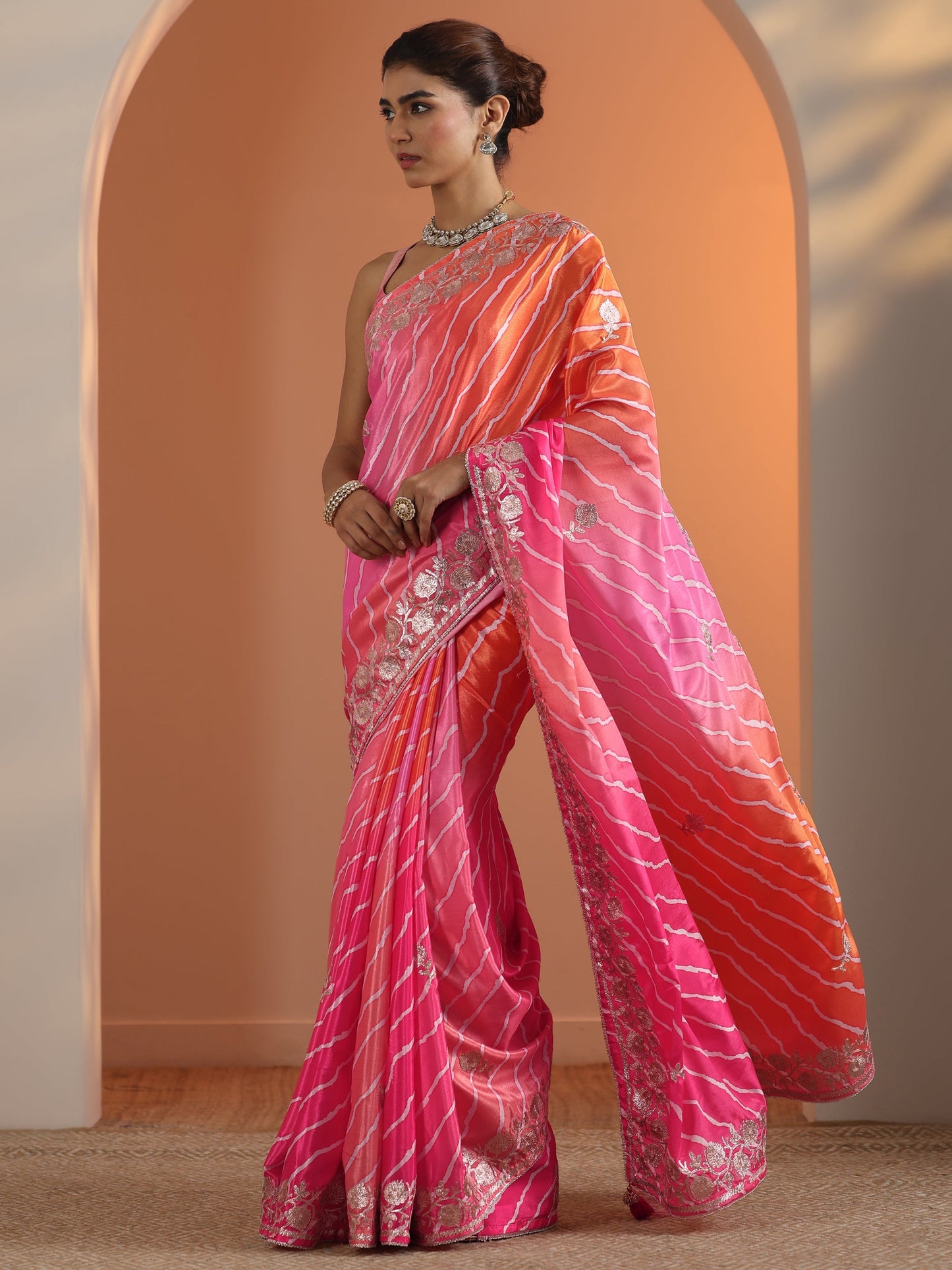 Pink Printed Chinon Saree With Unstitched Blouse Piece