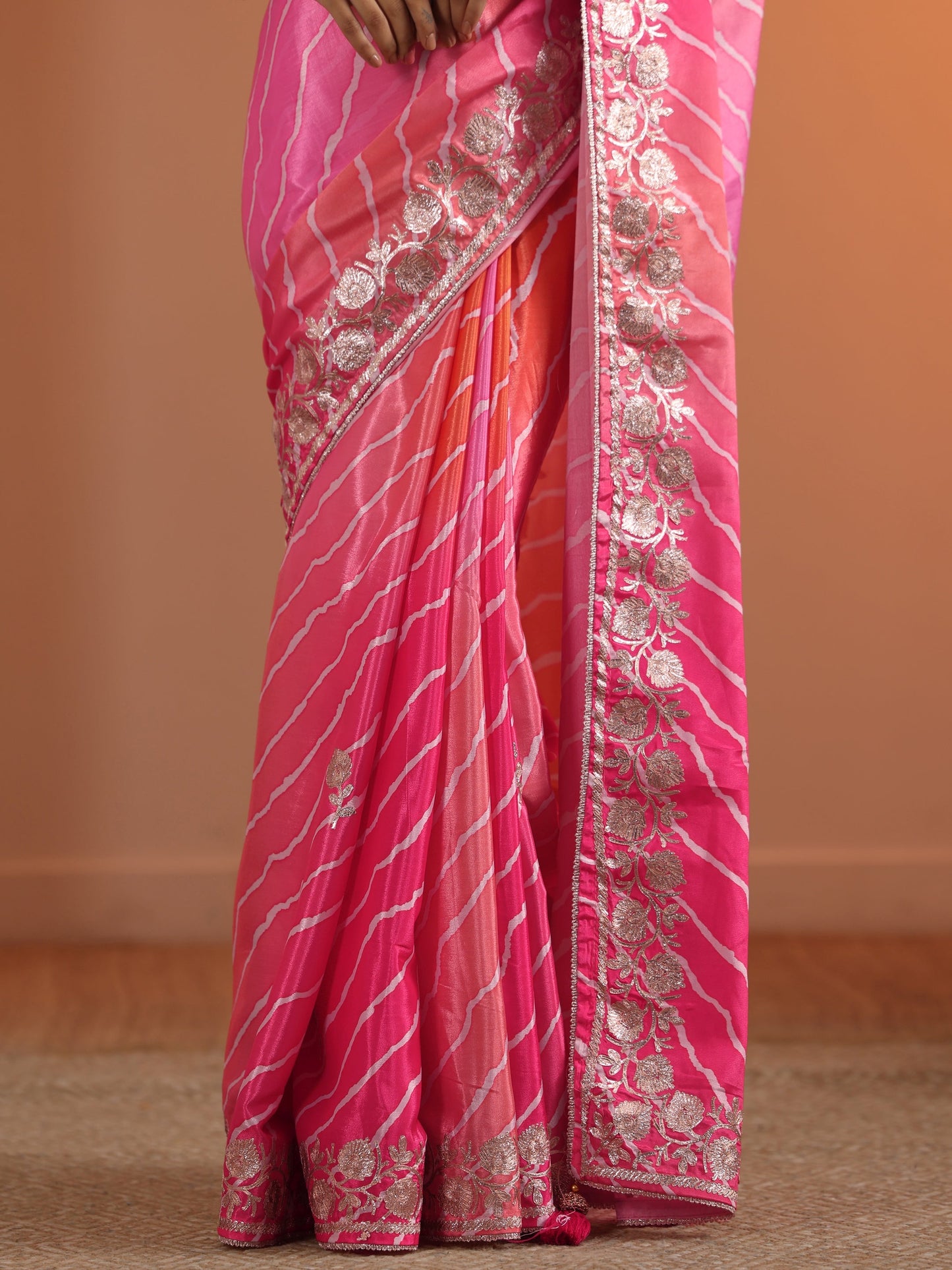 Pink Printed Chinon Saree With Unstitched Blouse Piece