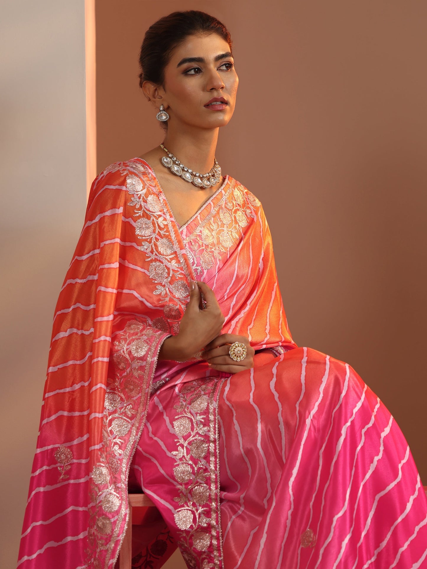 Pink Printed Chinon Saree With Unstitched Blouse Piece