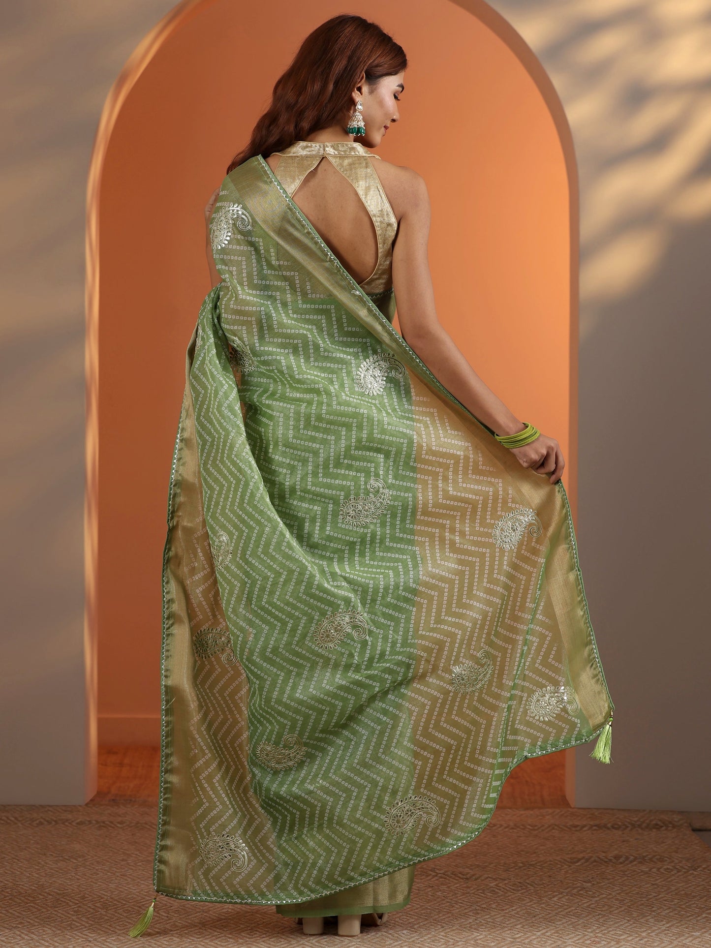 Green Printed Nylon Saree With Unstitched Blouse Piece