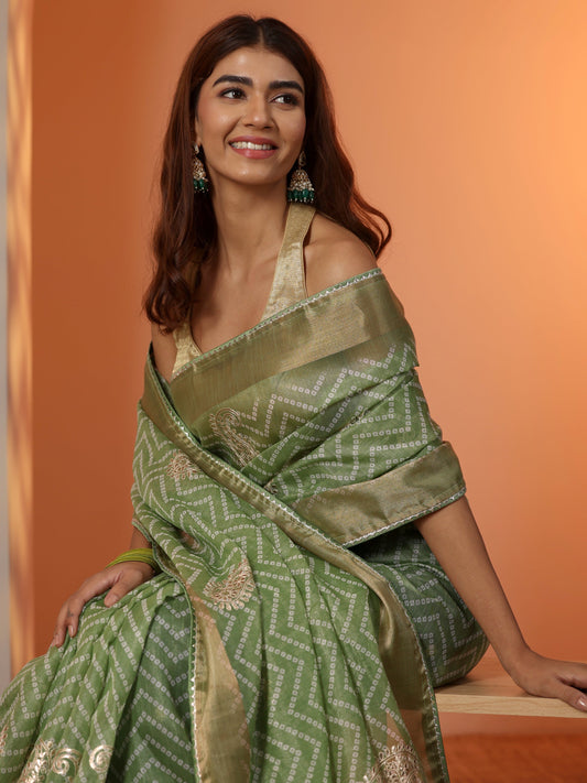 Green Printed Nylon Saree With Unstitched Blouse Piece