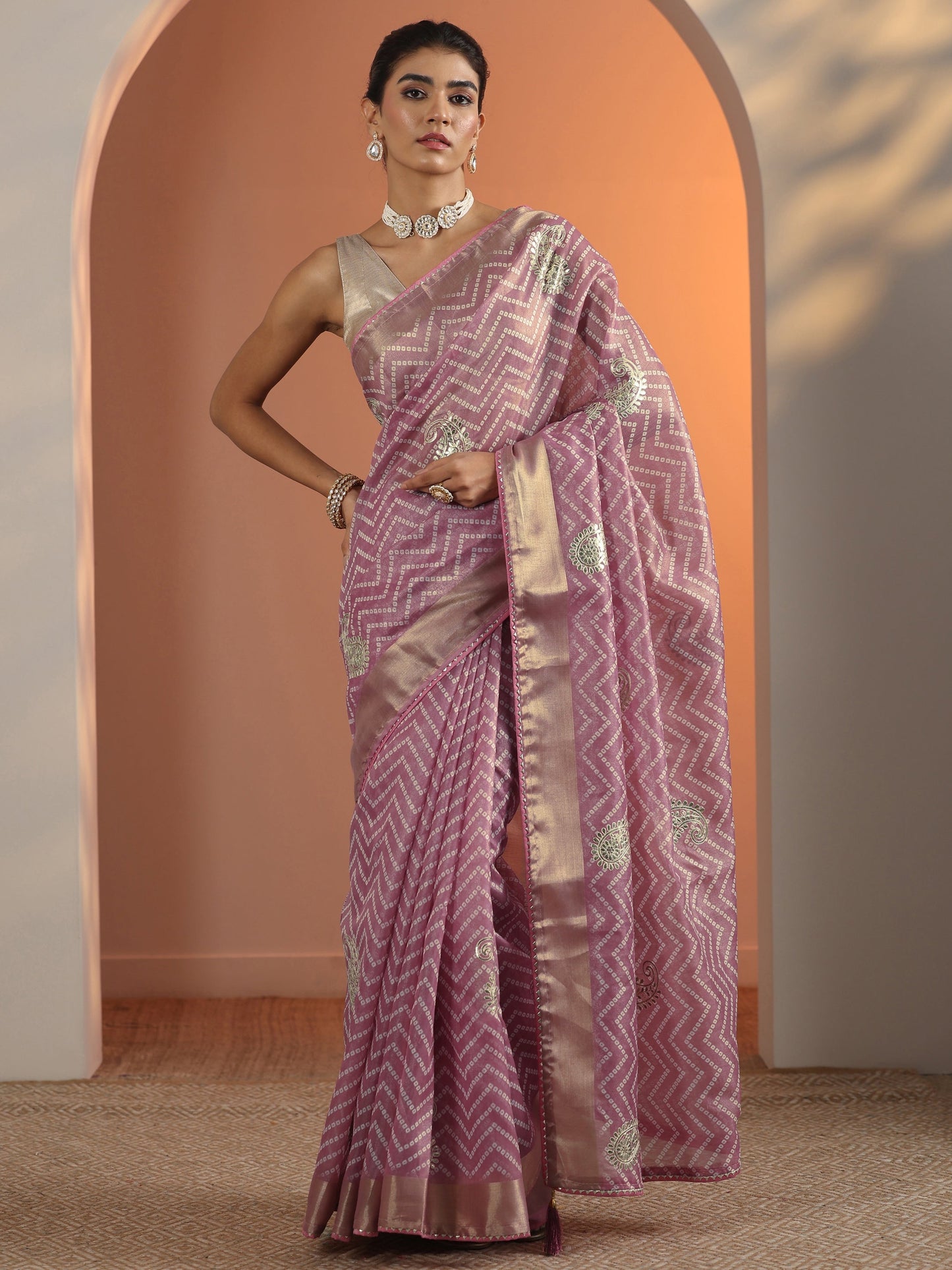 Mauve Bandhani Printed Nylon Saree With Unstitched Blouse Piece