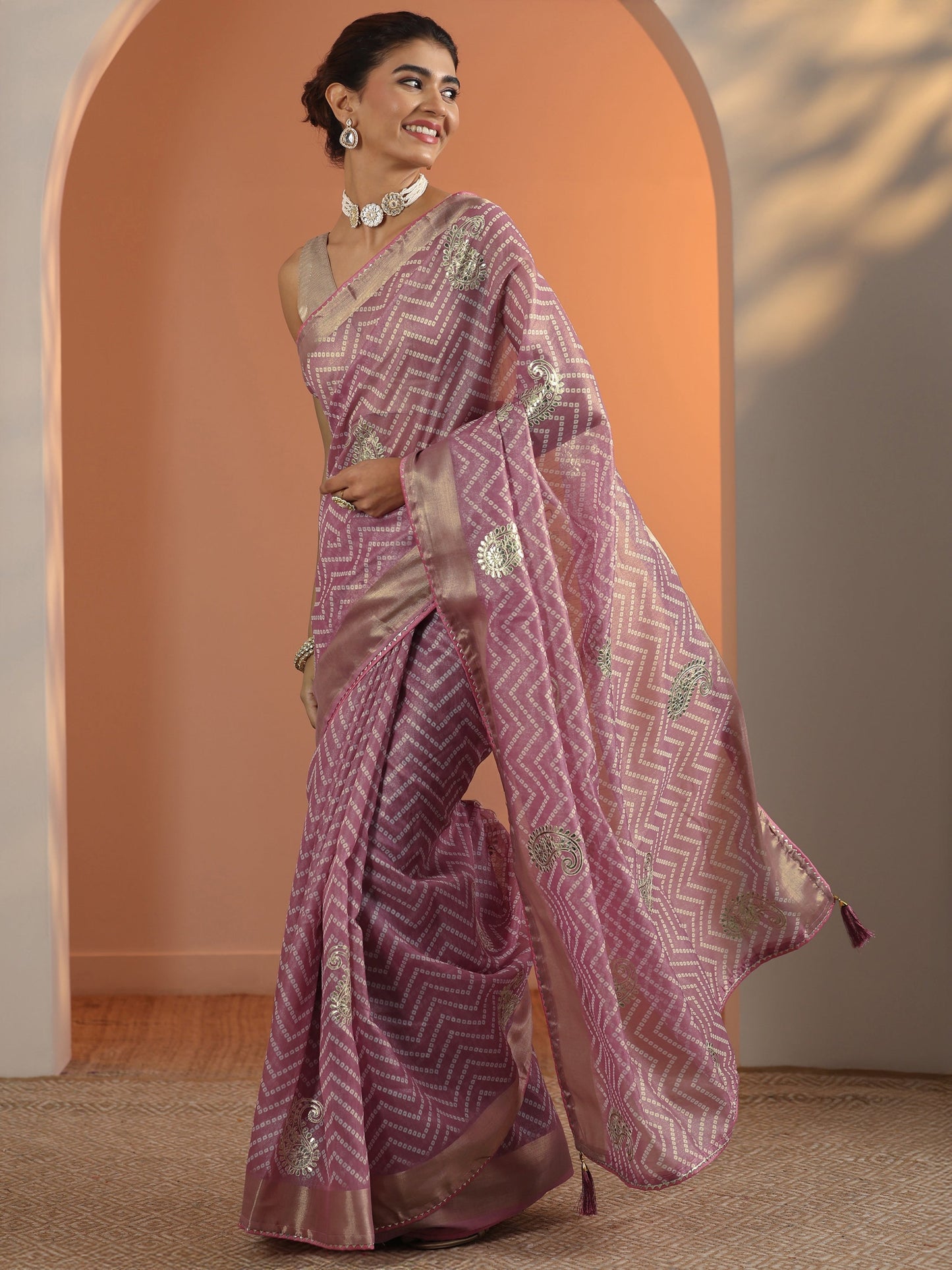 Mauve Bandhani Printed Nylon Saree With Unstitched Blouse Piece