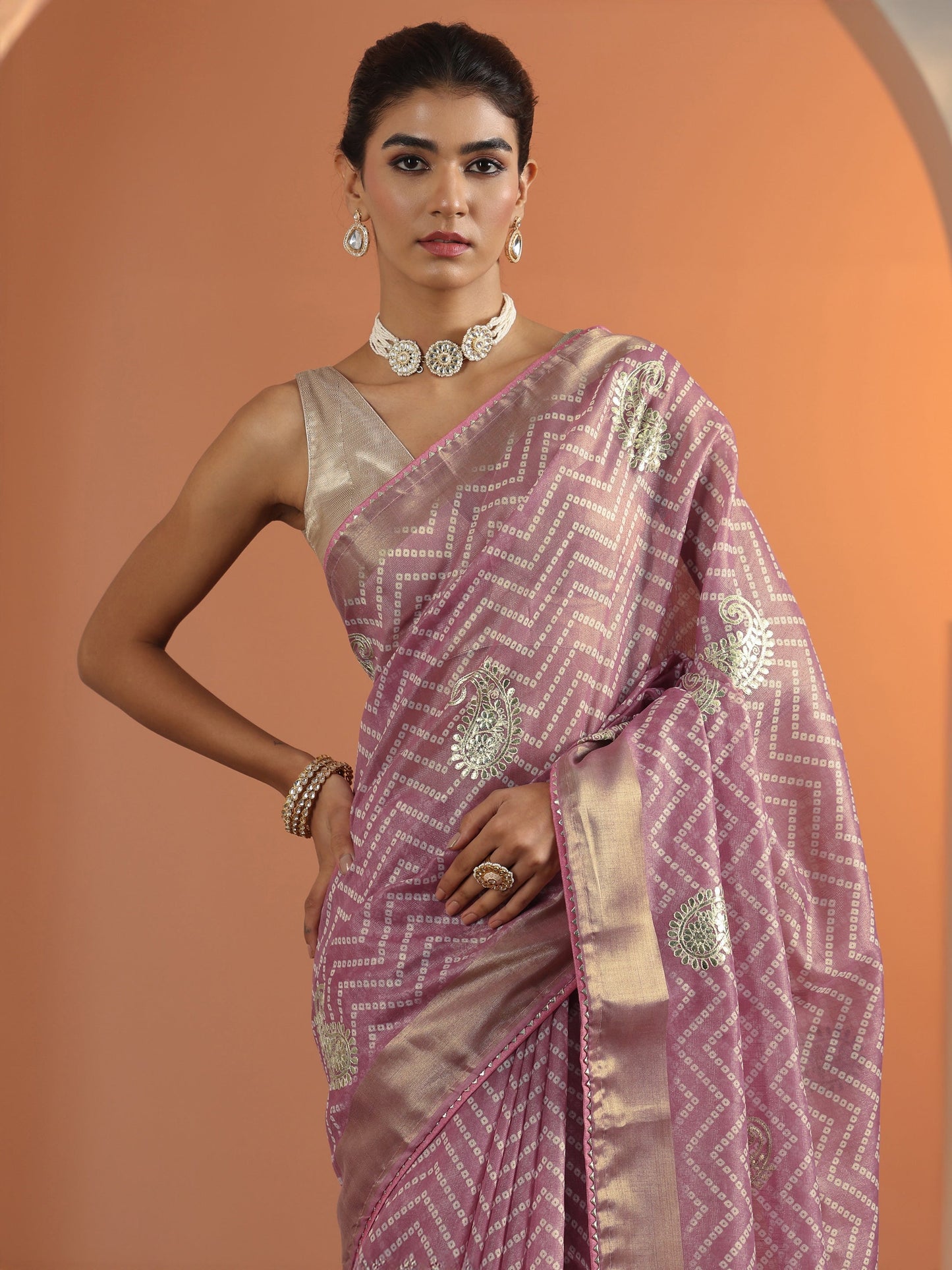 Mauve Bandhani Printed Nylon Saree With Unstitched Blouse Piece