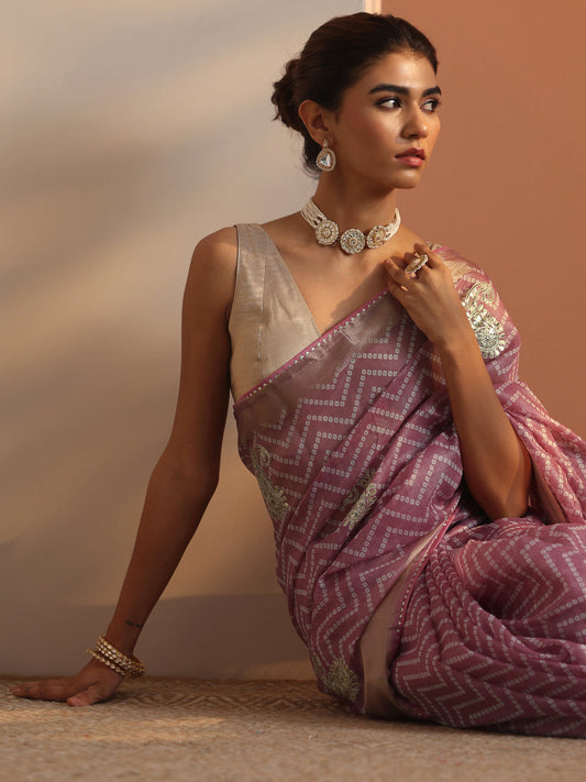 Mauve Bandhani Printed Nylon Saree With Unstitched Blouse Piece