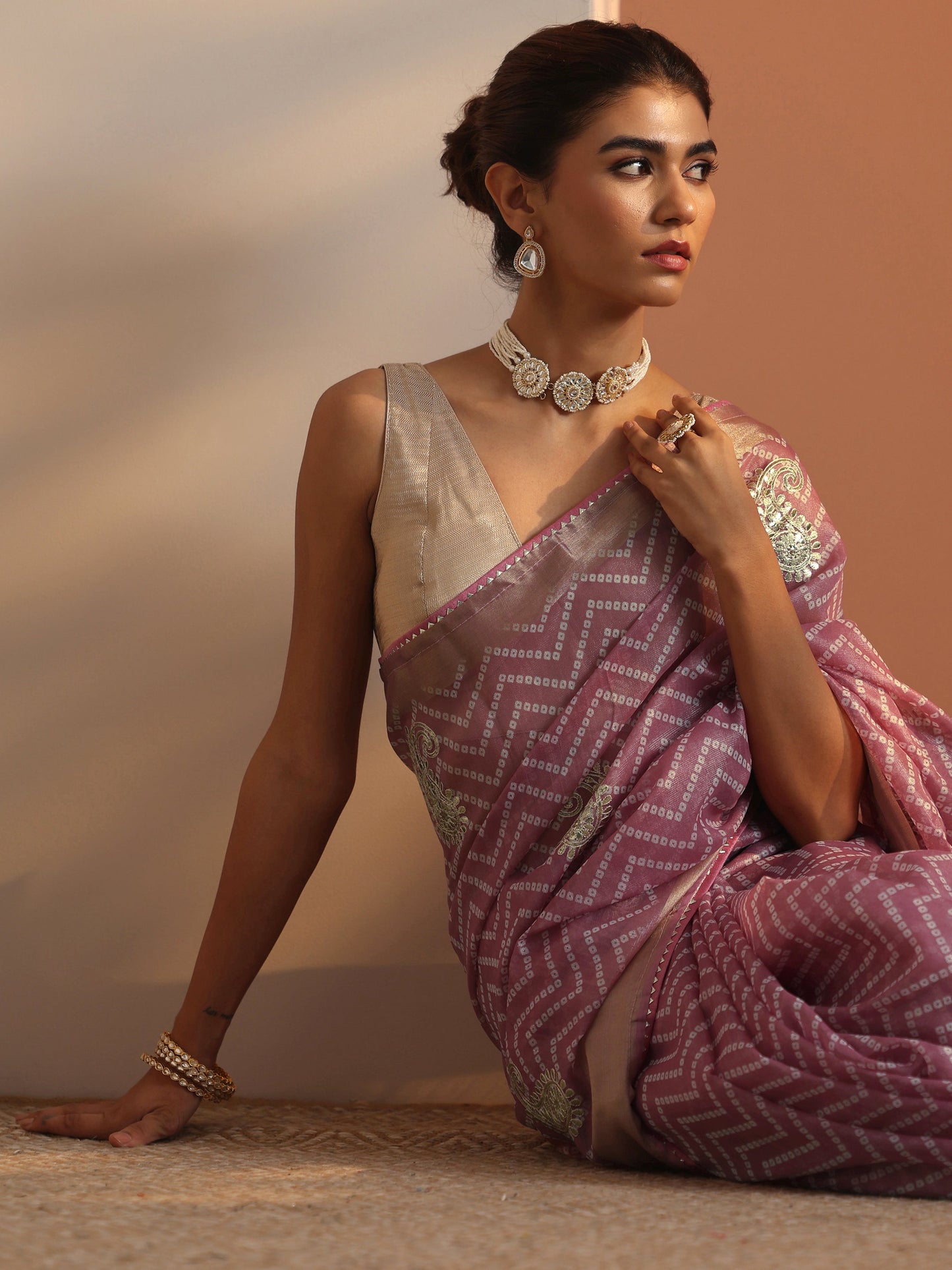 Mauve Bandhani Printed Nylon Saree With Unstitched Blouse Piece