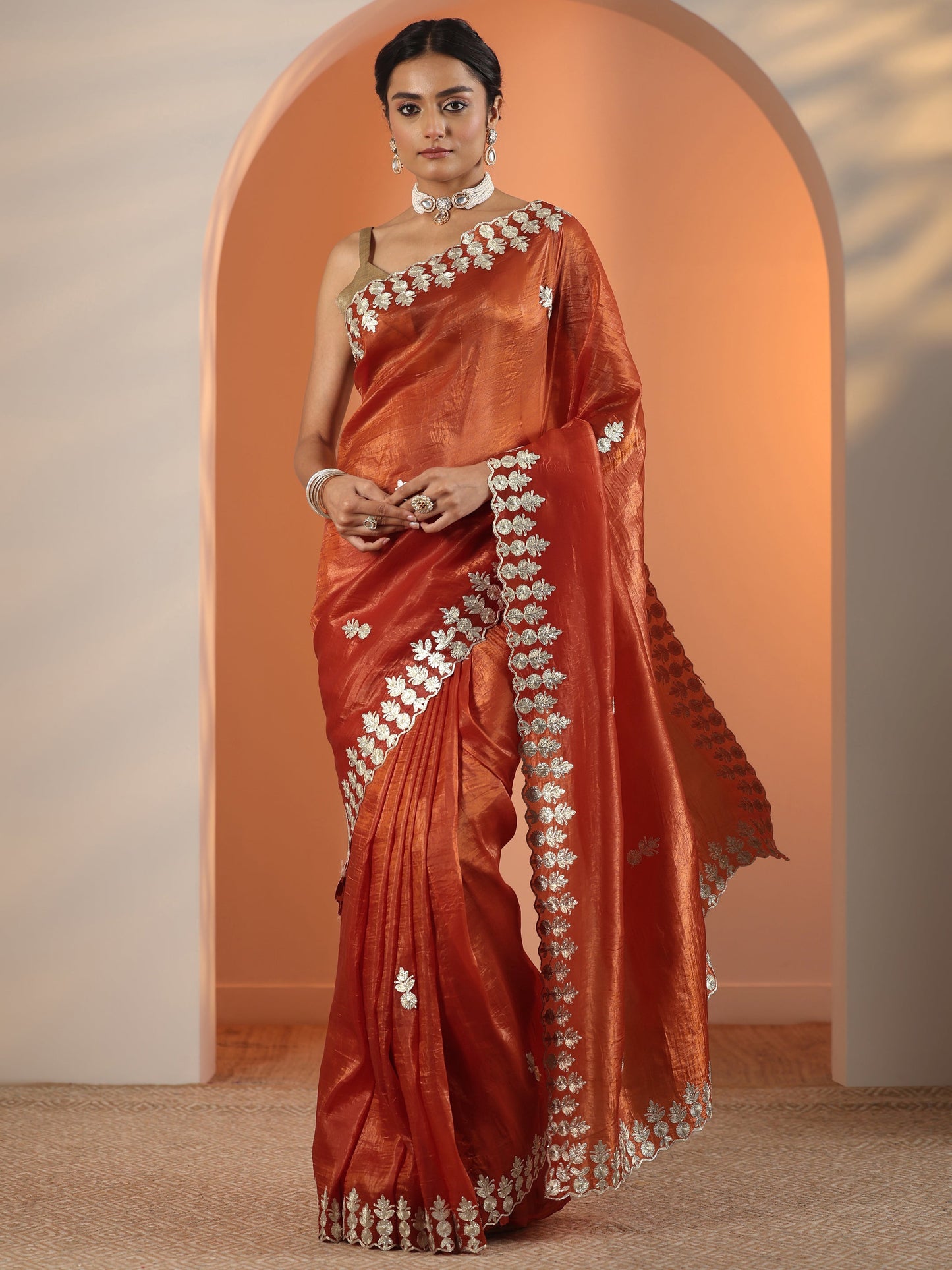 Orange Embroidered Organza Saree With Unstitched Blouse Piece