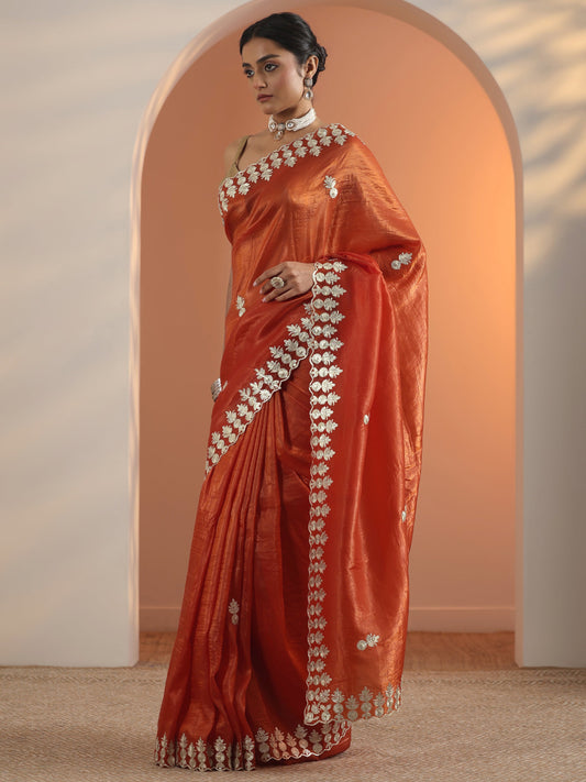 Orange Embroidered Organza Saree With Unstitched Blouse Piece