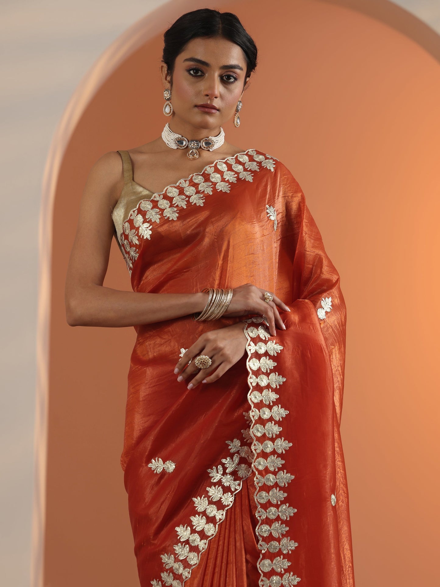 Orange Embroidered Organza Saree With Unstitched Blouse Piece