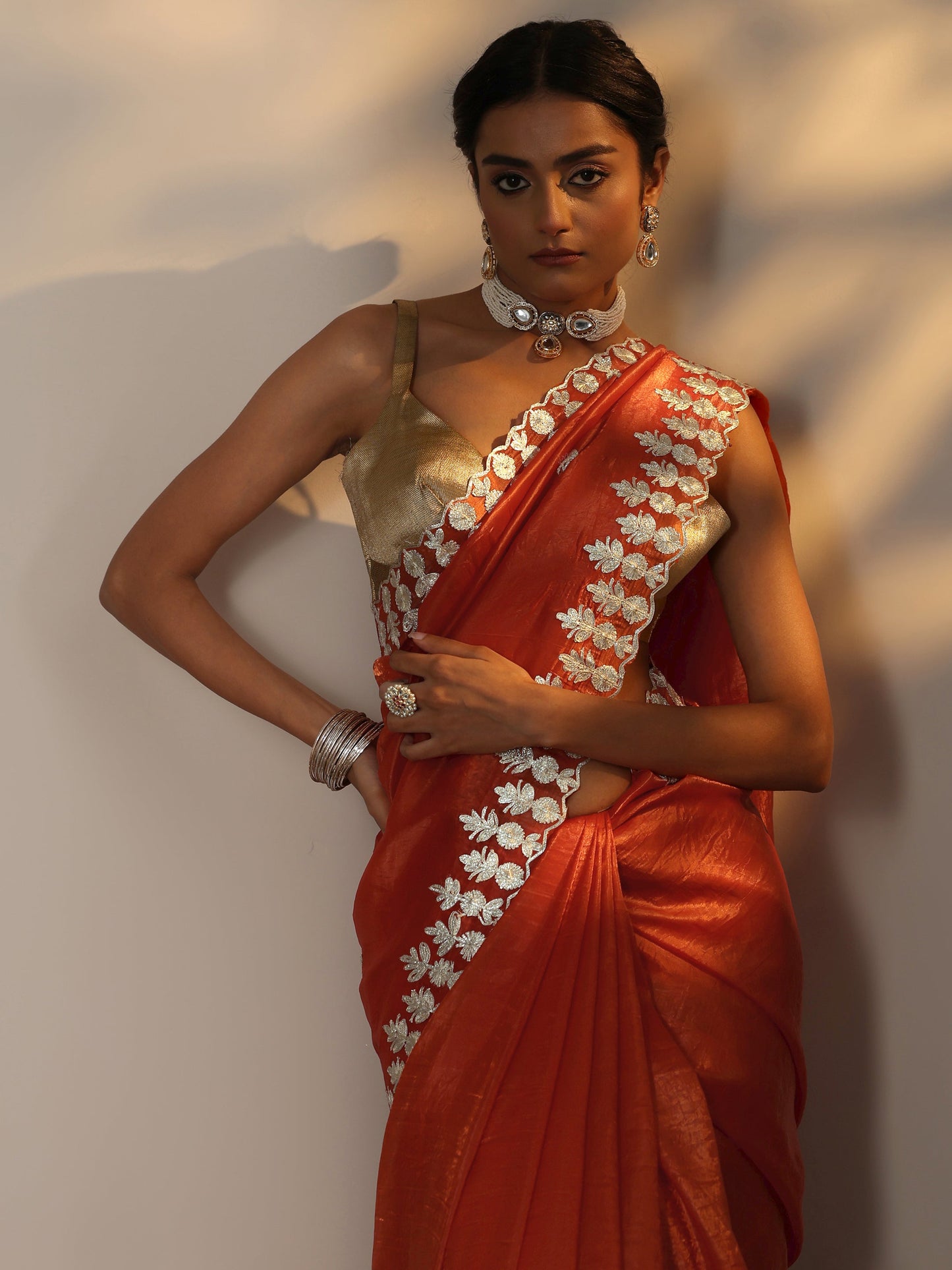 Orange Embroidered Organza Saree With Unstitched Blouse Piece