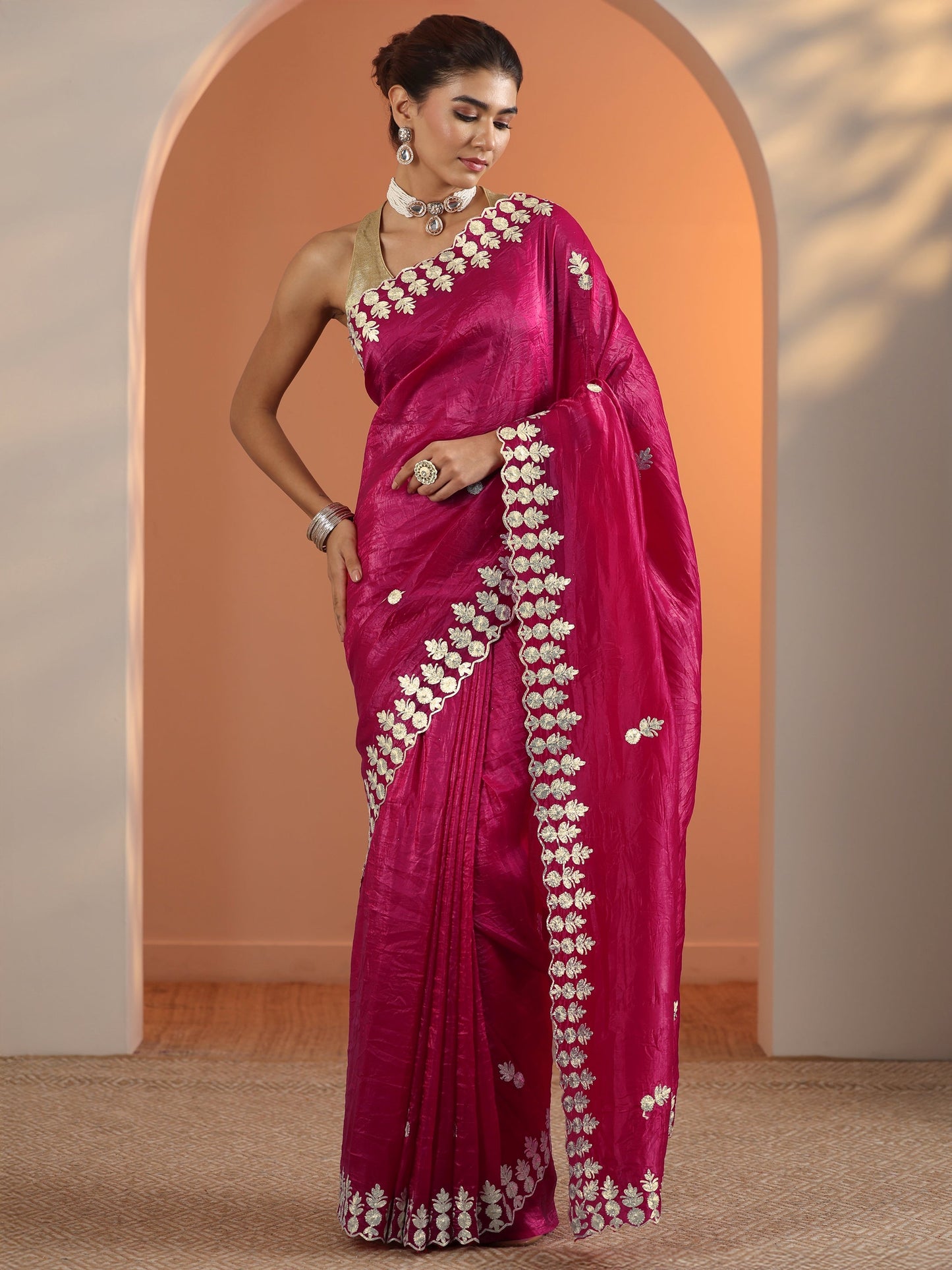 Pink Embroidered Jimmy Choo Organza Saree With Unstitched Blouse Piece