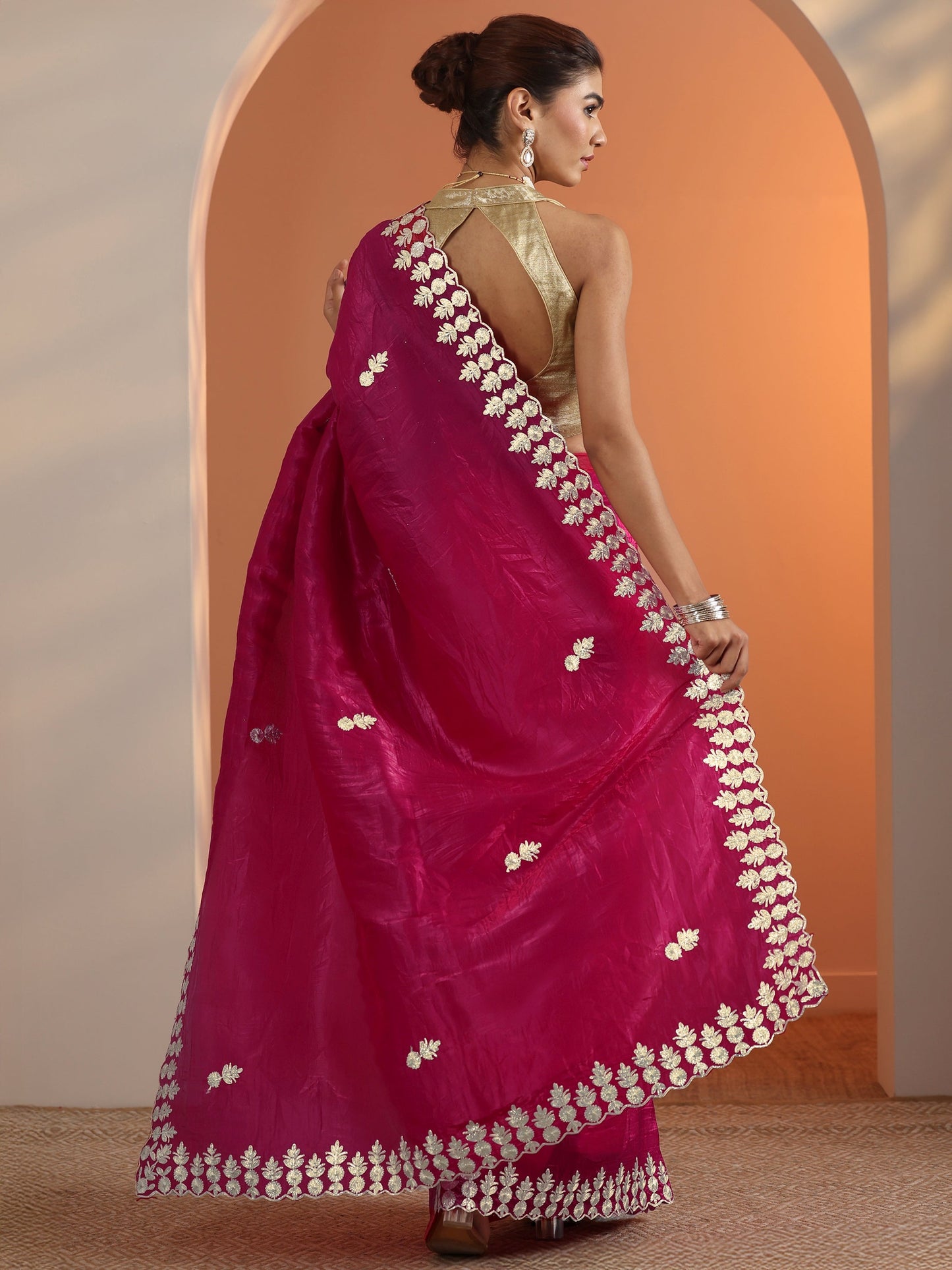 Pink Embroidered Jimmy Choo Organza Saree With Unstitched Blouse Piece