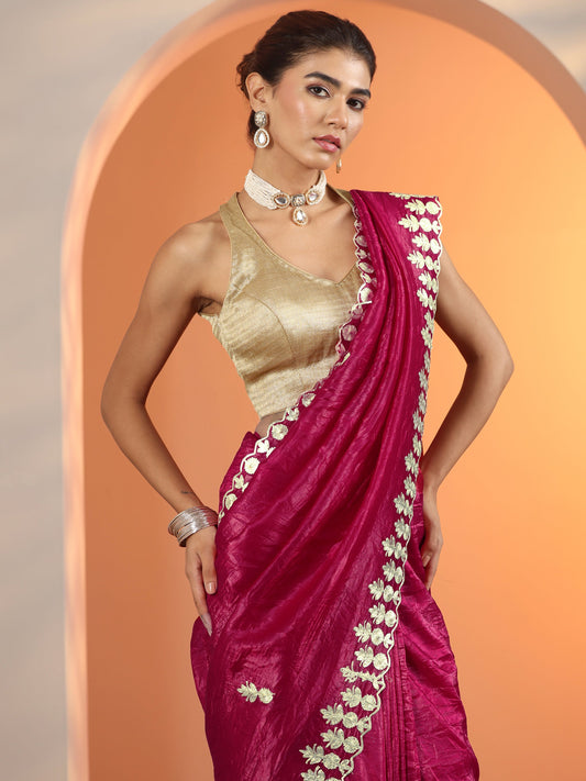 Pink Embroidered Jimmy Choo Organza Saree With Unstitched Blouse Piece