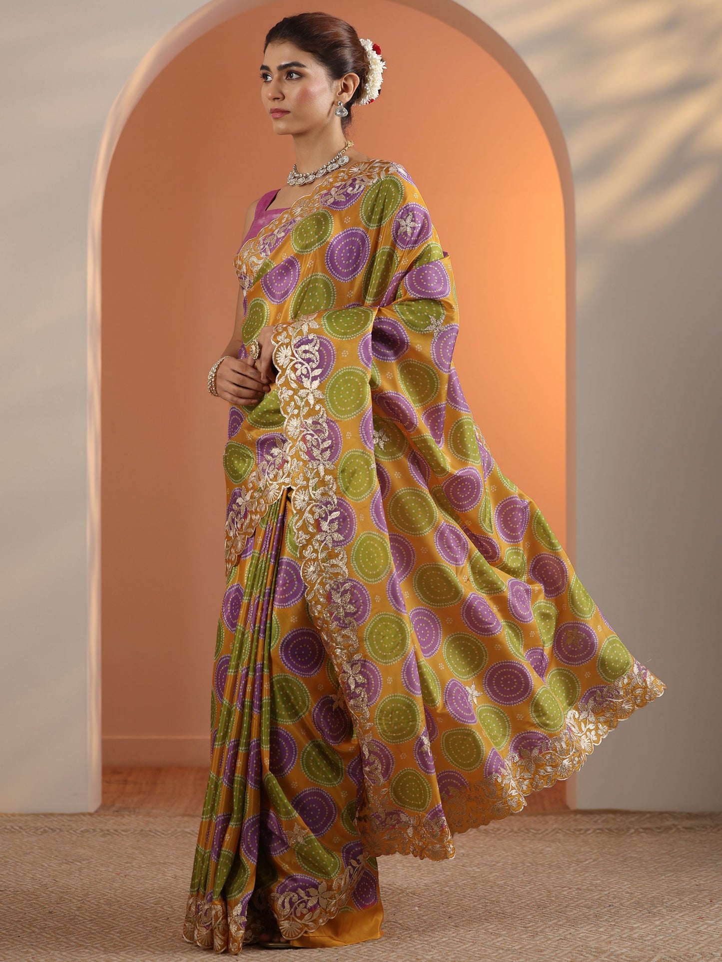 Mustard Bandhani Printed Crepe Saree With Unstitched Blouse Piece