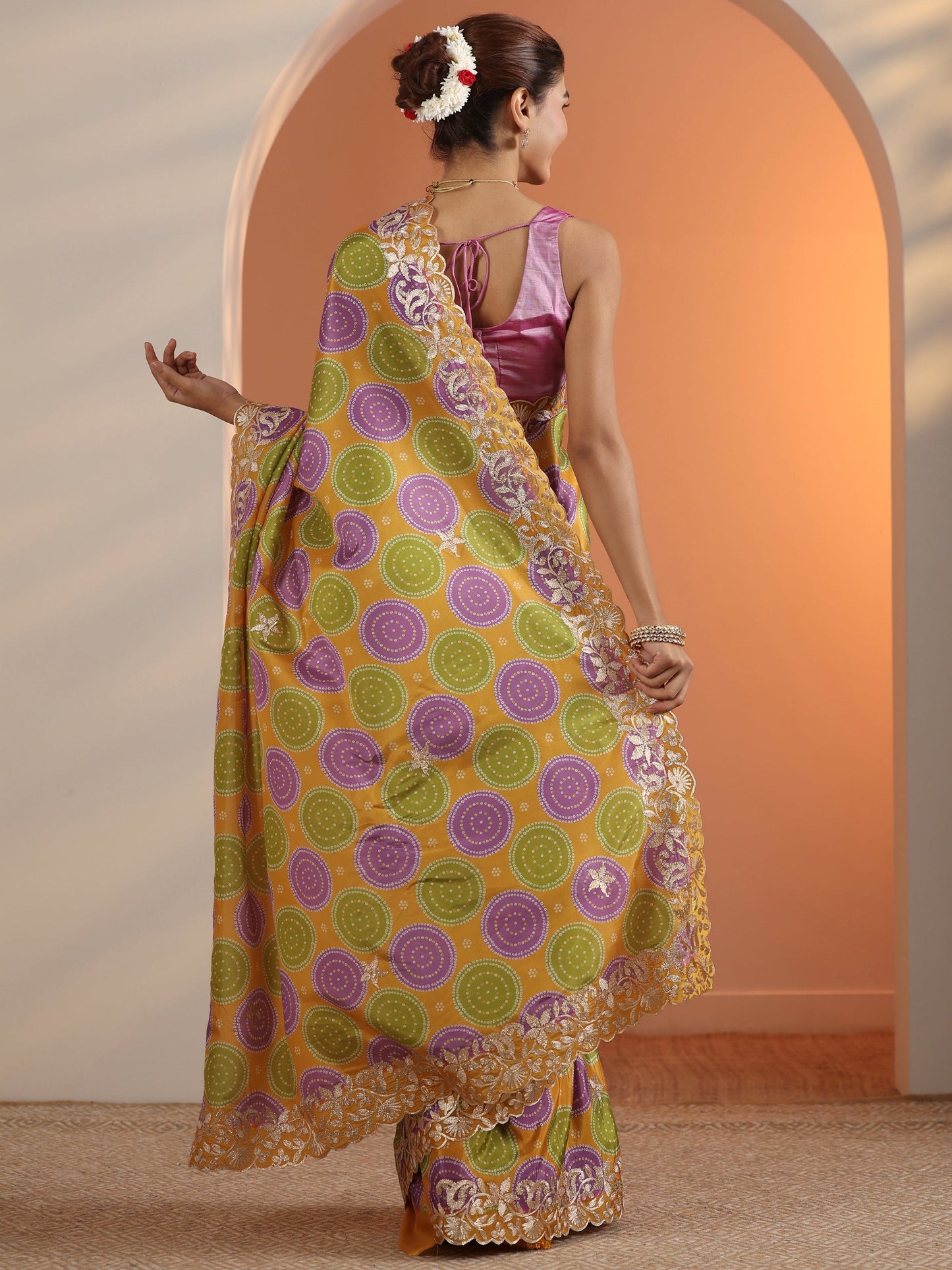 Mustard Bandhani Printed Crepe Saree With Unstitched Blouse Piece