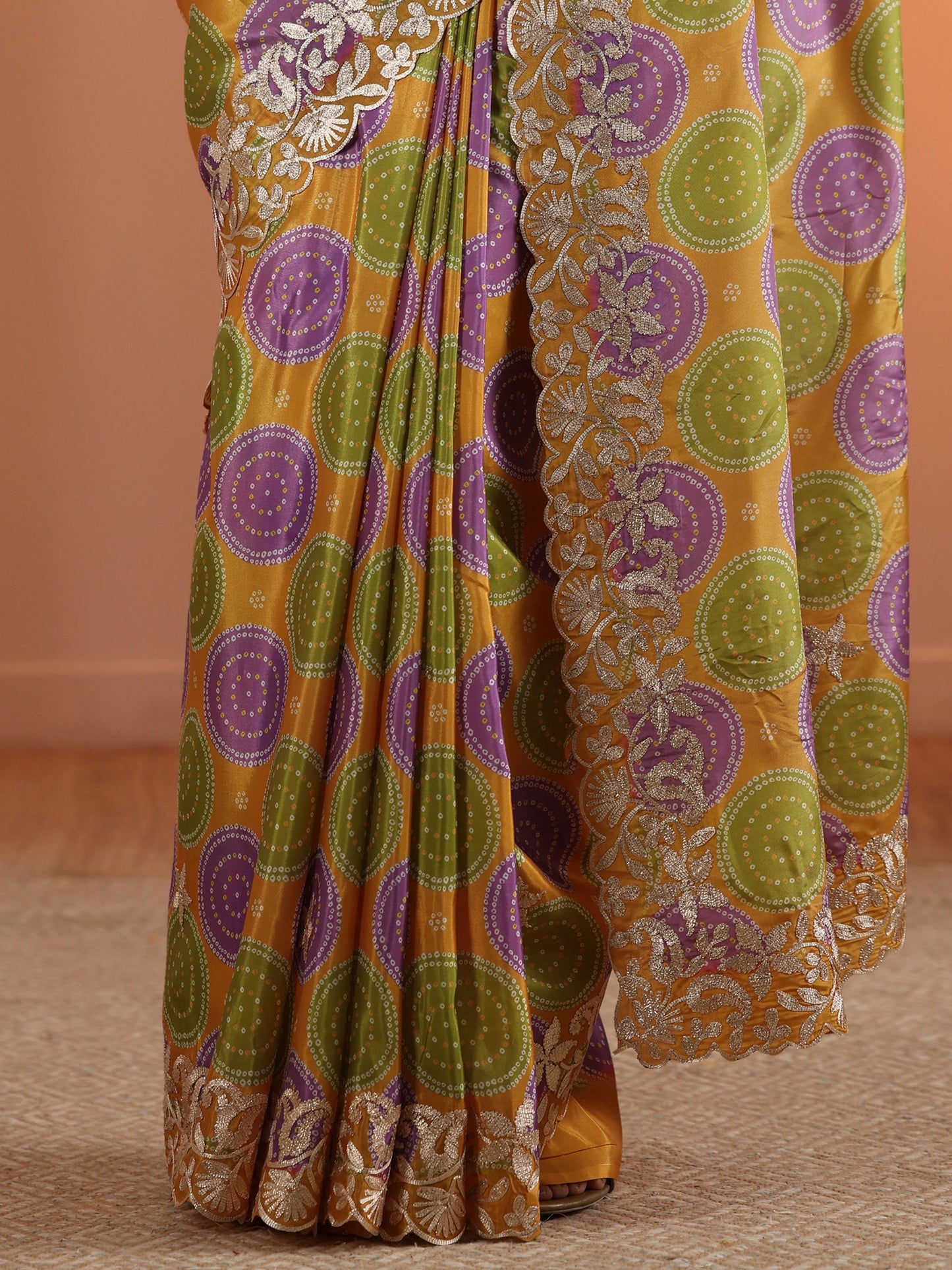Mustard Bandhani Printed Crepe Saree With Unstitched Blouse Piece