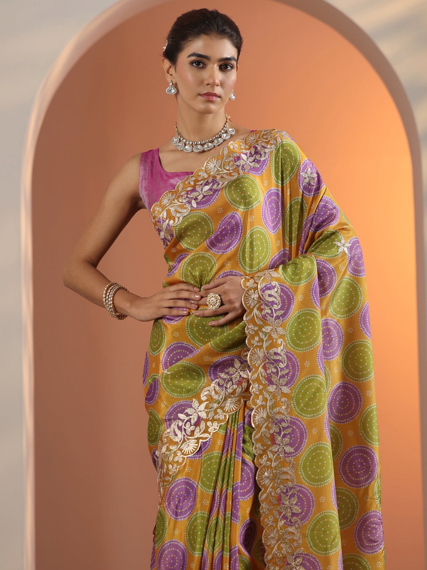 Mustard Bandhani Printed Crepe Saree With Unstitched Blouse Piece