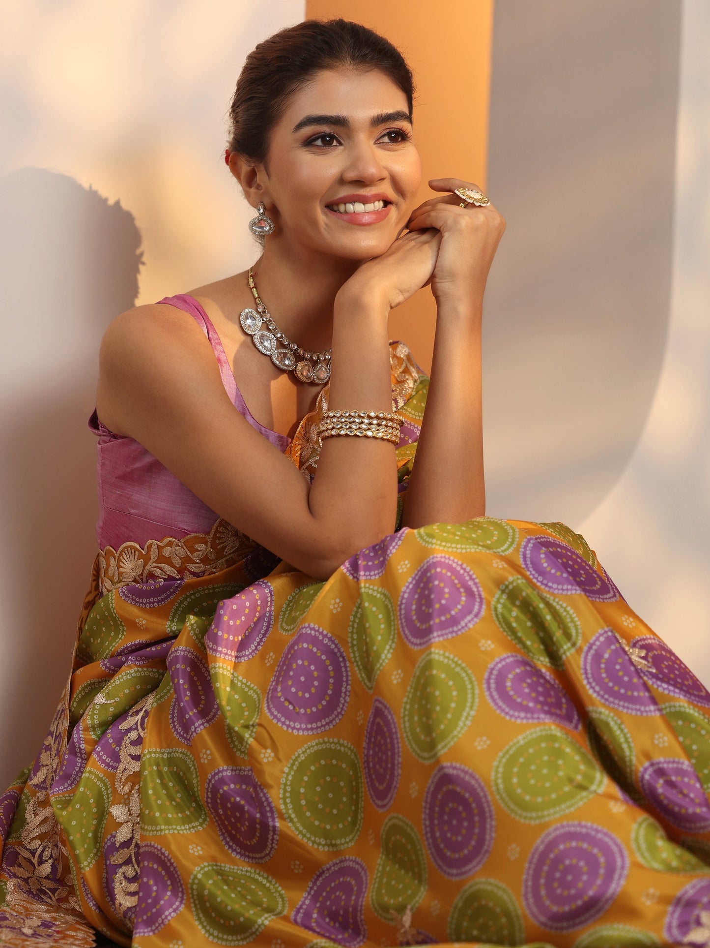 Mustard Bandhani Printed Crepe Saree With Unstitched Blouse Piece