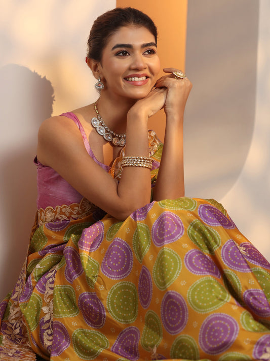 Mustard Bandhani Printed Crepe Saree With Unstitched Blouse Piece