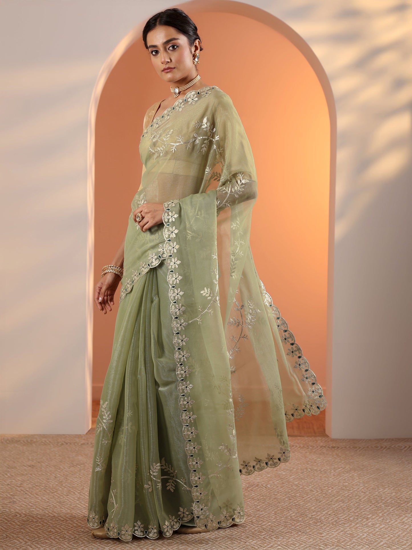 Green Embellished Jimmy Choo Organza Saree With Unstitched Blouse Piece