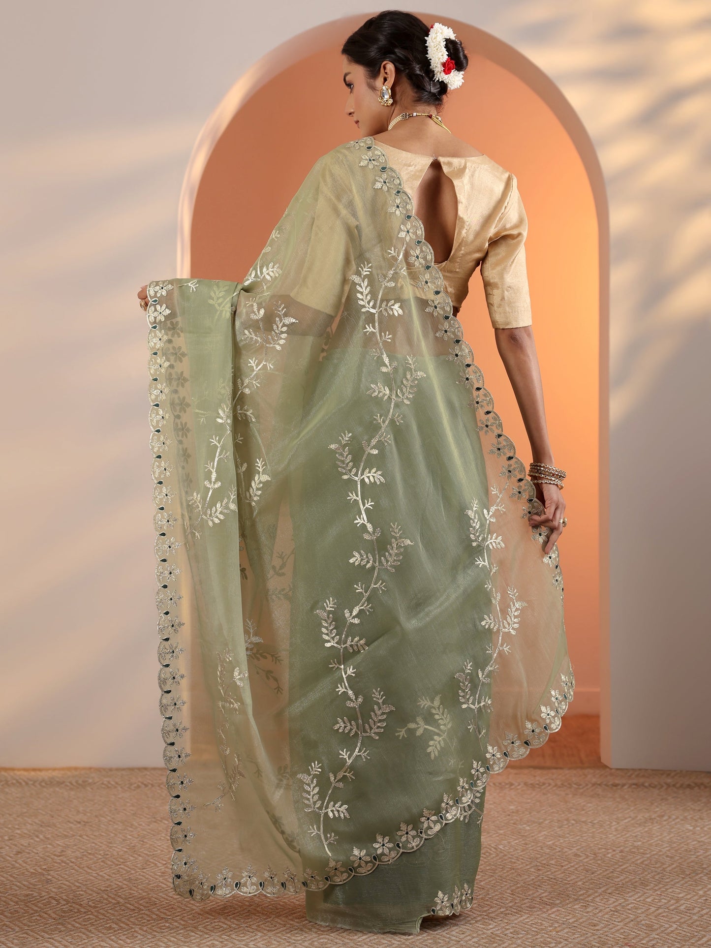 Green Embellished Jimmy Choo Organza Saree With Unstitched Blouse Piece