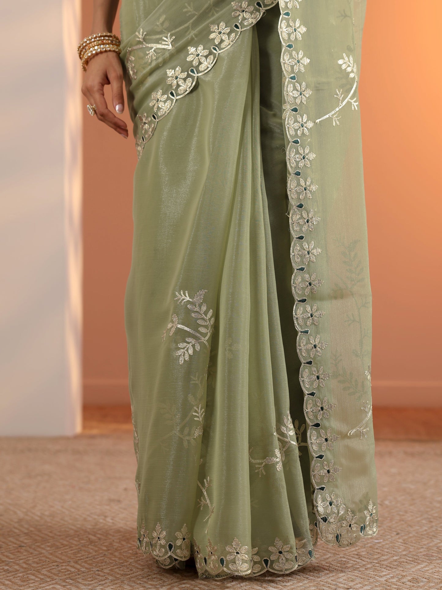 Green Embellished Jimmy Choo Organza Saree With Unstitched Blouse Piece