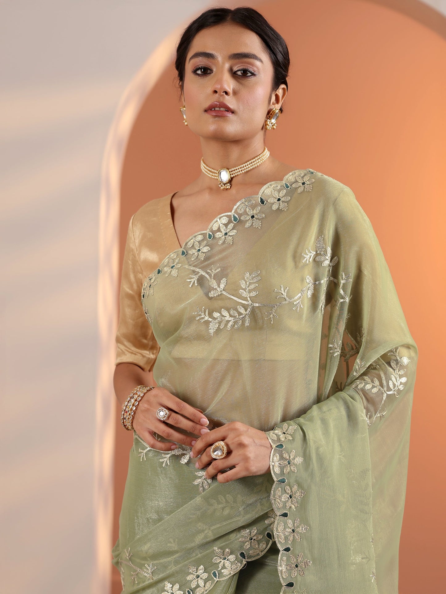 Green Embellished Jimmy Choo Organza Saree With Unstitched Blouse Piece