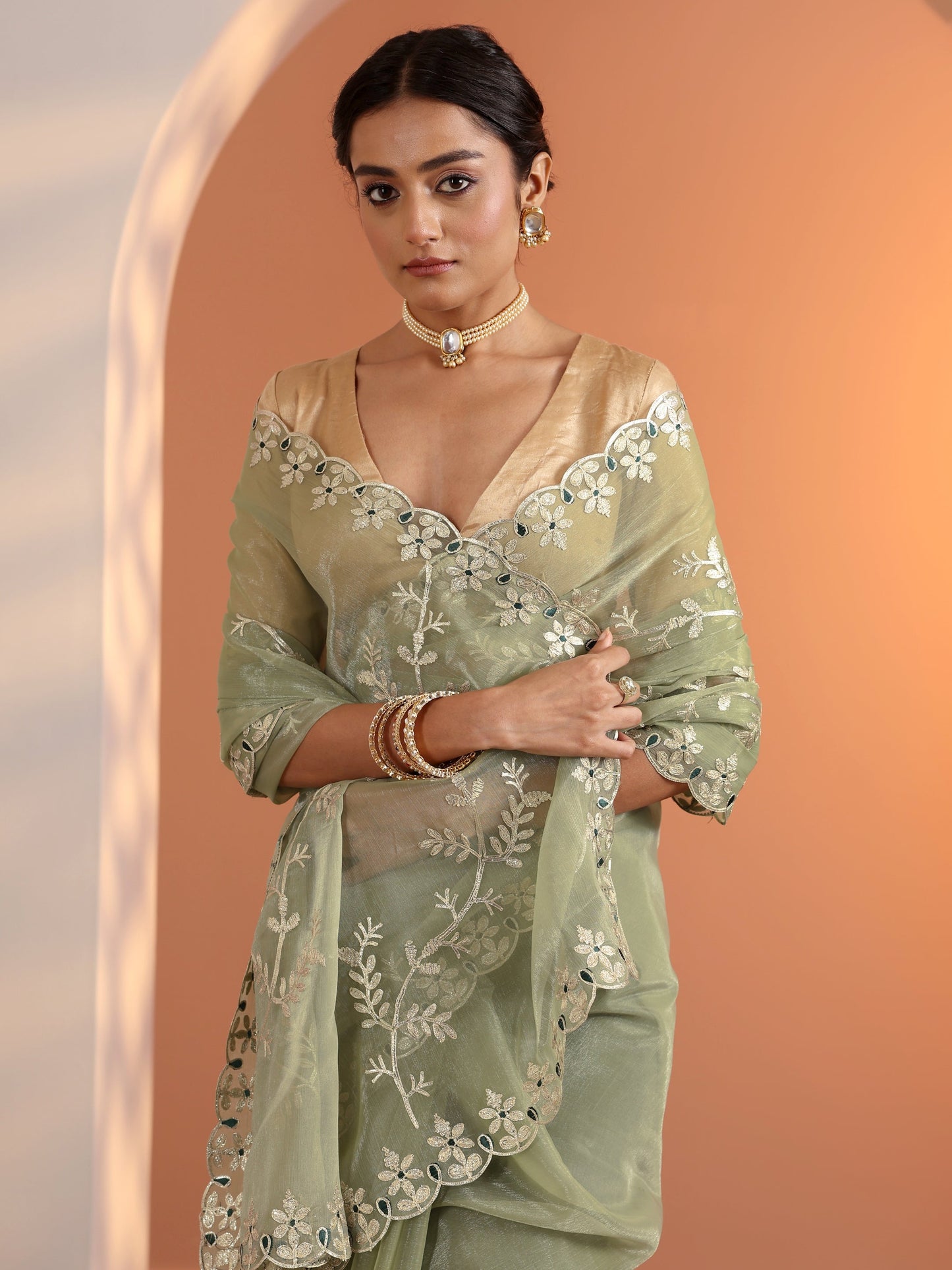 Green Embellished Jimmy Choo Organza Saree With Unstitched Blouse Piece