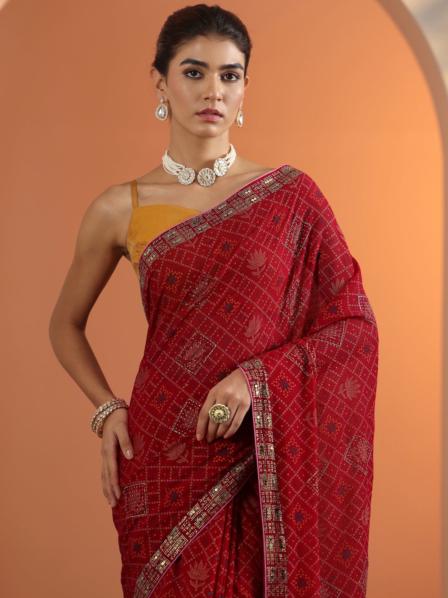 Red Printed Georgette Saree With Unstitched Blouse Piece