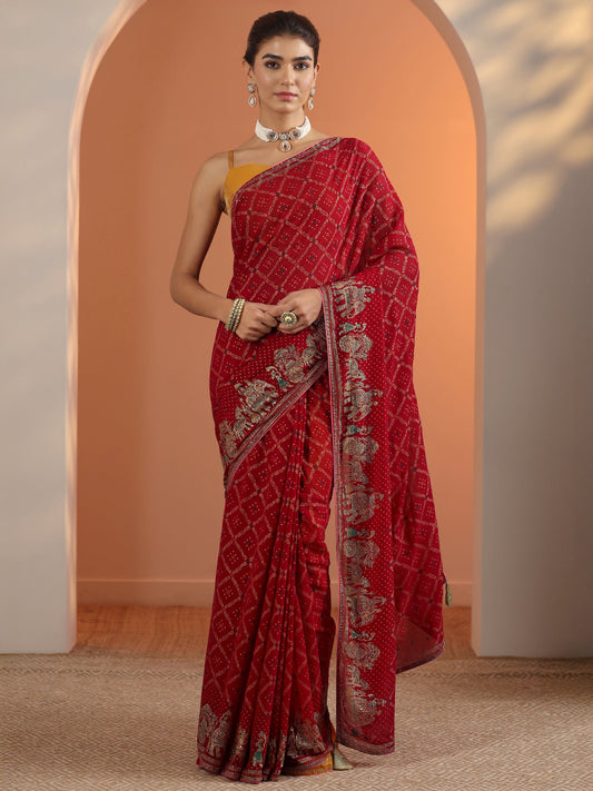 Red Printed Georgette Saree With Unstitched Blouse Piece