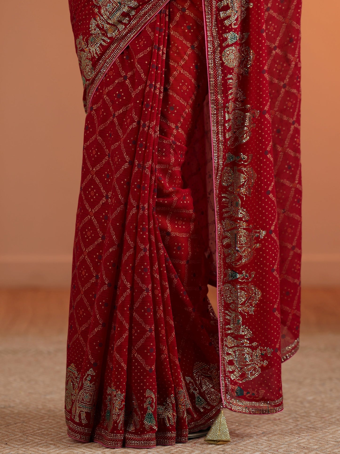 Red Printed Georgette Saree With Unstitched Blouse Piece