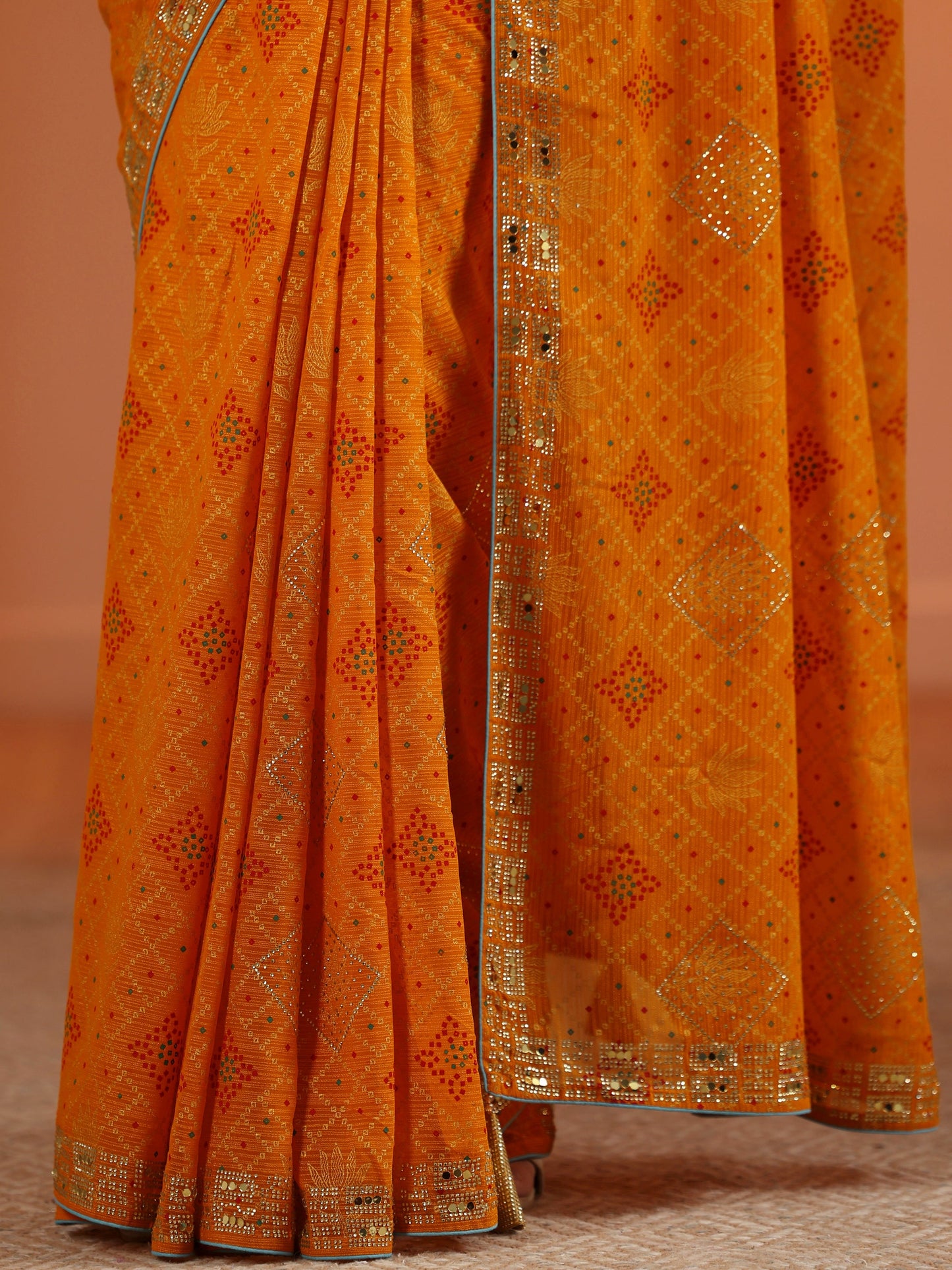Mustard Printed Georgette Saree With Unstitched Blouse Piece