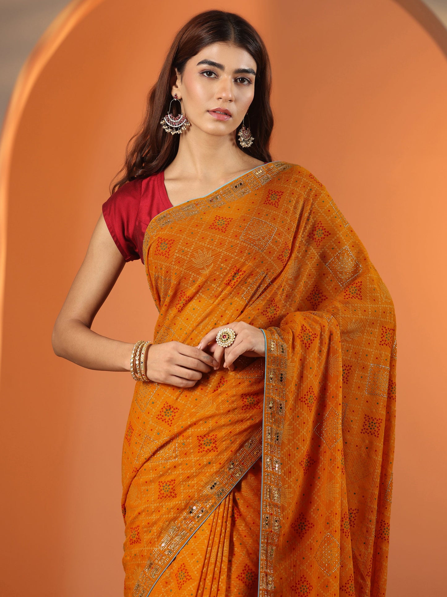 Mustard Printed Georgette Saree With Unstitched Blouse Piece