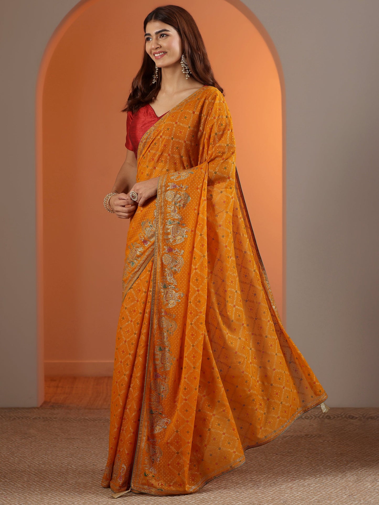 Mustard Printed Georgette Saree With Unstitched Blouse Piece