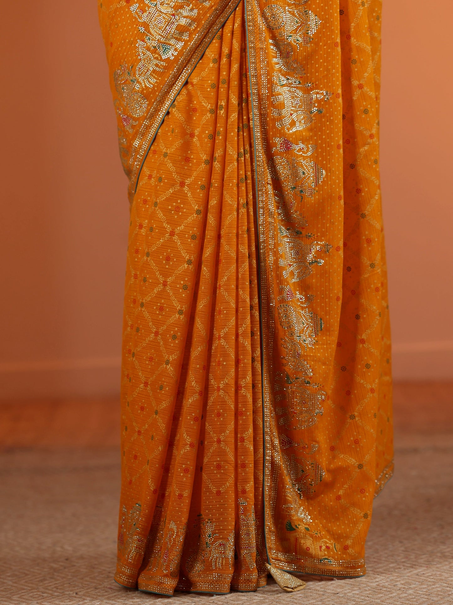 Mustard Printed Georgette Saree With Unstitched Blouse Piece