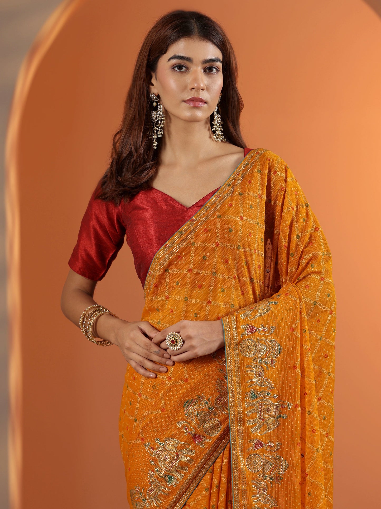 Mustard Printed Georgette Saree With Unstitched Blouse Piece