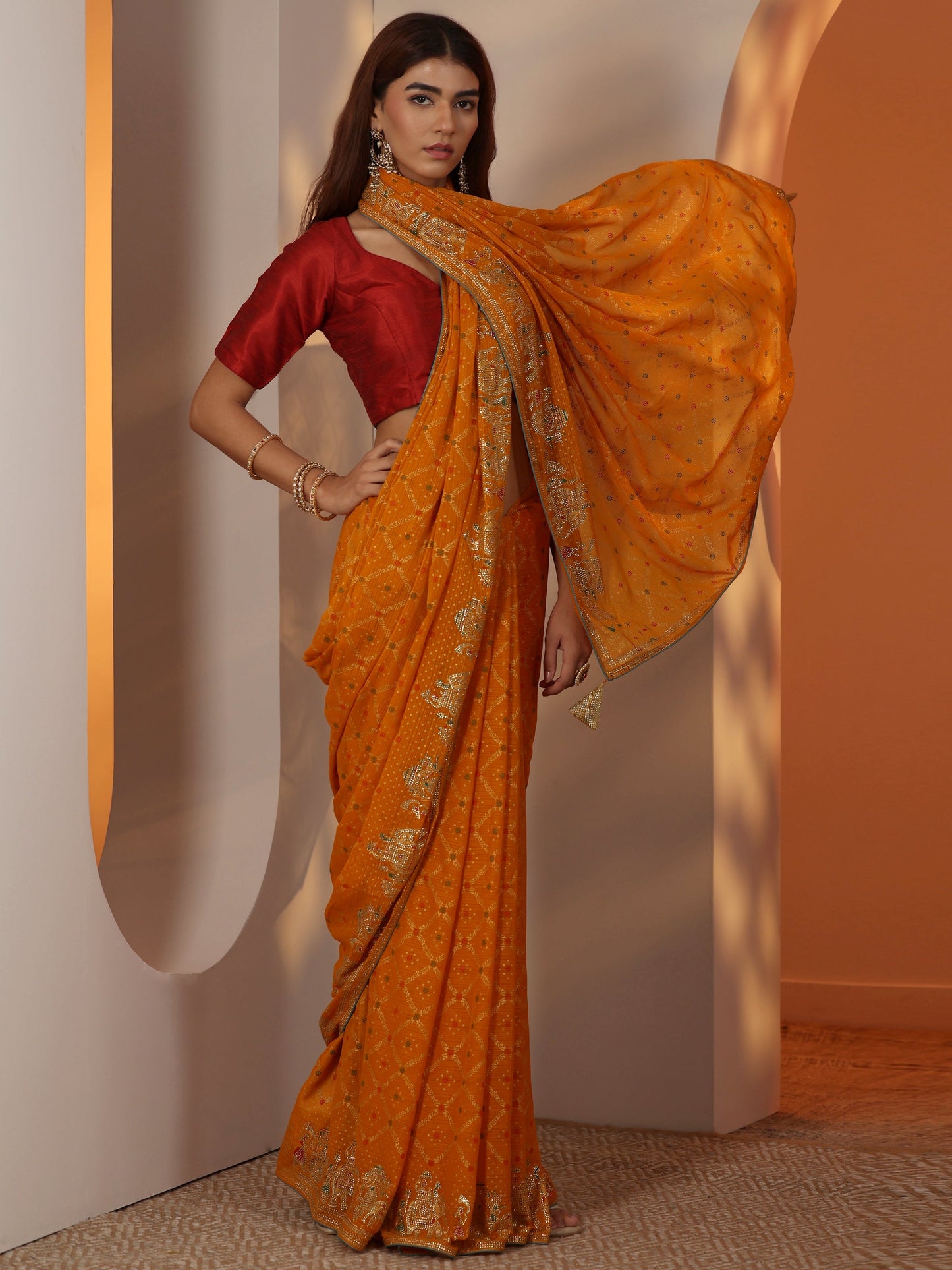 Mustard Printed Georgette Saree With Unstitched Blouse Piece
