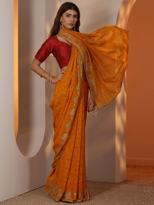 Mustard Printed Georgette Saree With Unstitched Blouse Piece