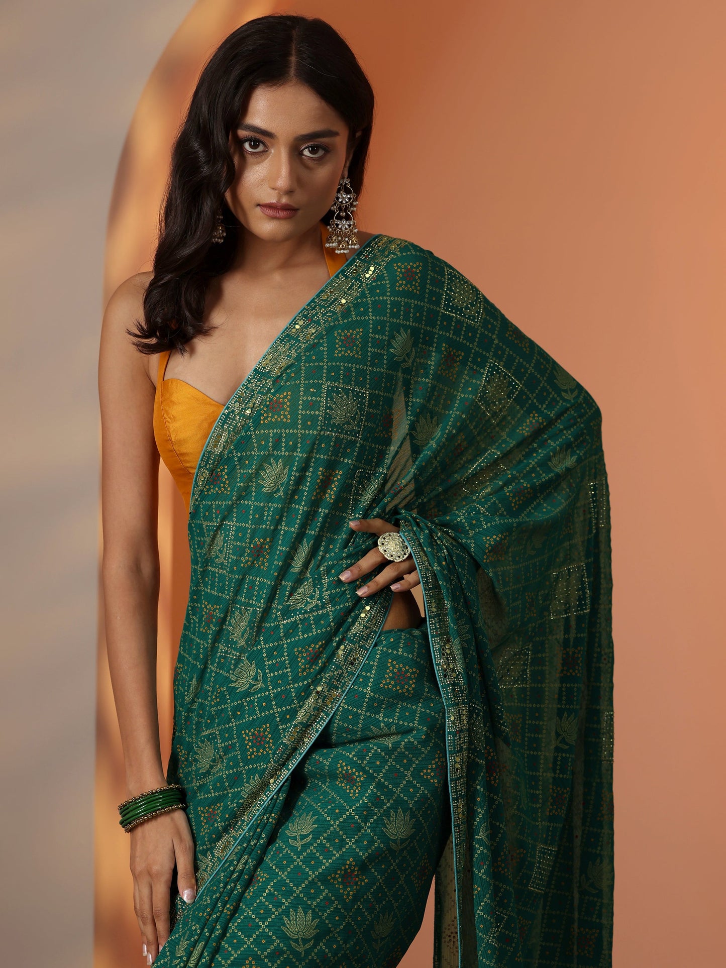 Green Printed Georgette Saree With Unstitched Blouse Piece