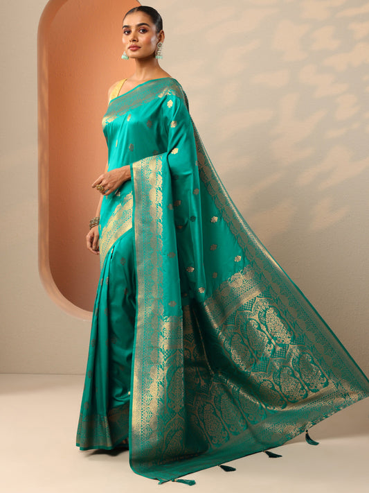 Green Woven Design Banarasi Silk Blend Saree With Unstitched Blouse Piece