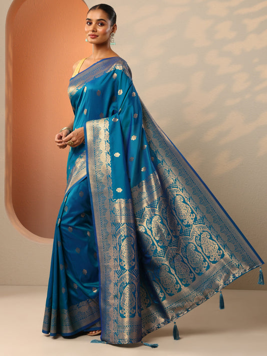 Blue Woven Design Banarasi Silk Blend Saree With Unstitched Blouse Piece