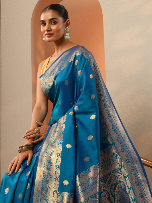 Blue Woven Design Banarasi Silk Blend Saree With Unstitched Blouse Piece