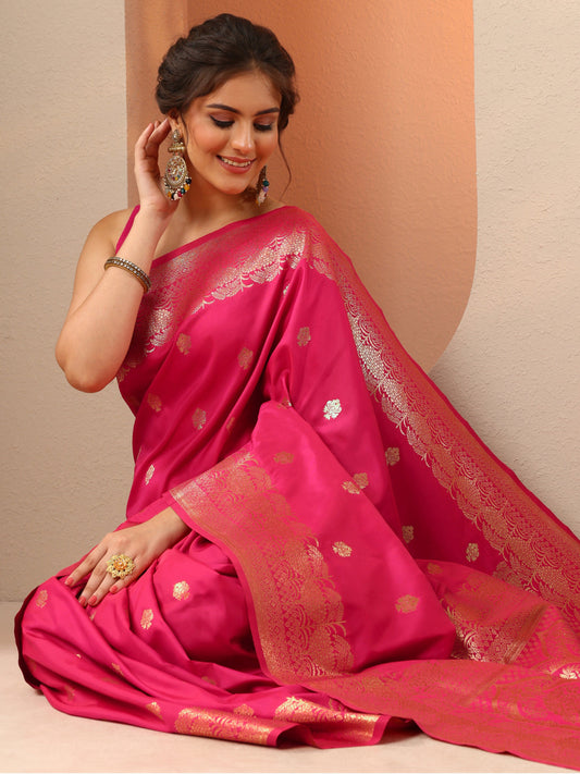 Pink Woven Design Banarasi Silk Blend Saree With Unstitched Blouse Piece