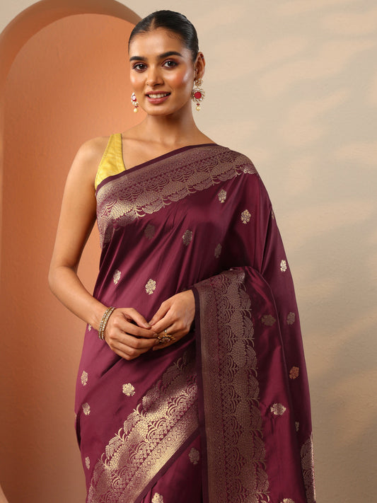 Maroon Woven Design Banarasi Silk Blend Saree With Unstitched Blouse Piece