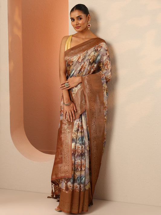 Brown Printed Silk Blend Saree With Unstitched Blouse Piece