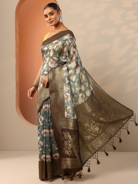 Green Printed Silk Blend Saree With Unstitched Blouse Piece