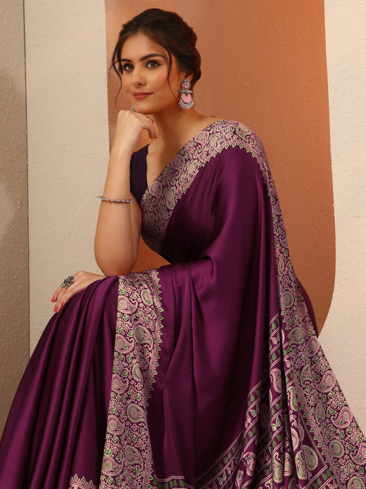 Burgundy Solid Satin Saree With Unstitched Blouse Piece