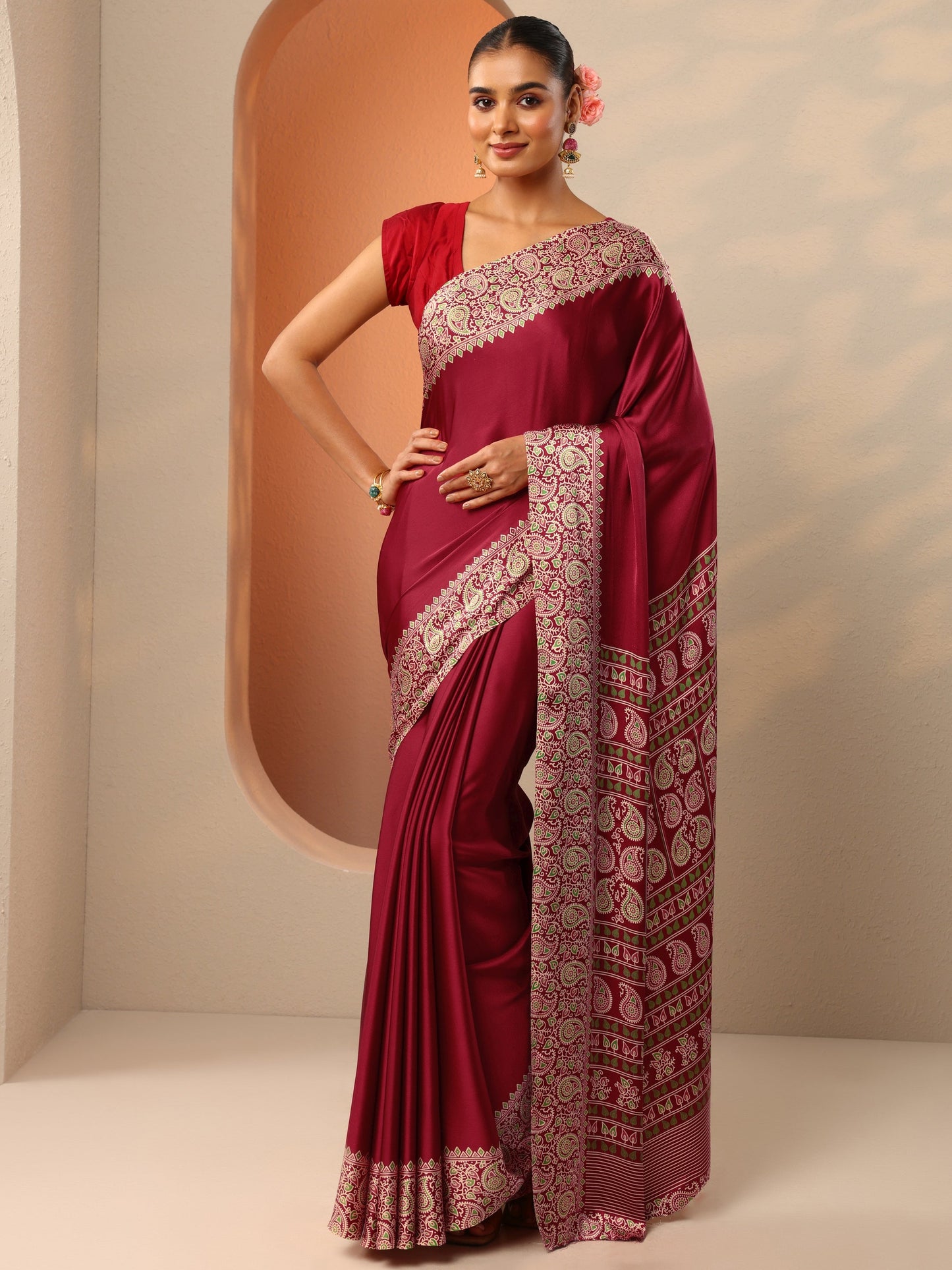 Red Solid Satin Saree With Unstitched Blouse Piece