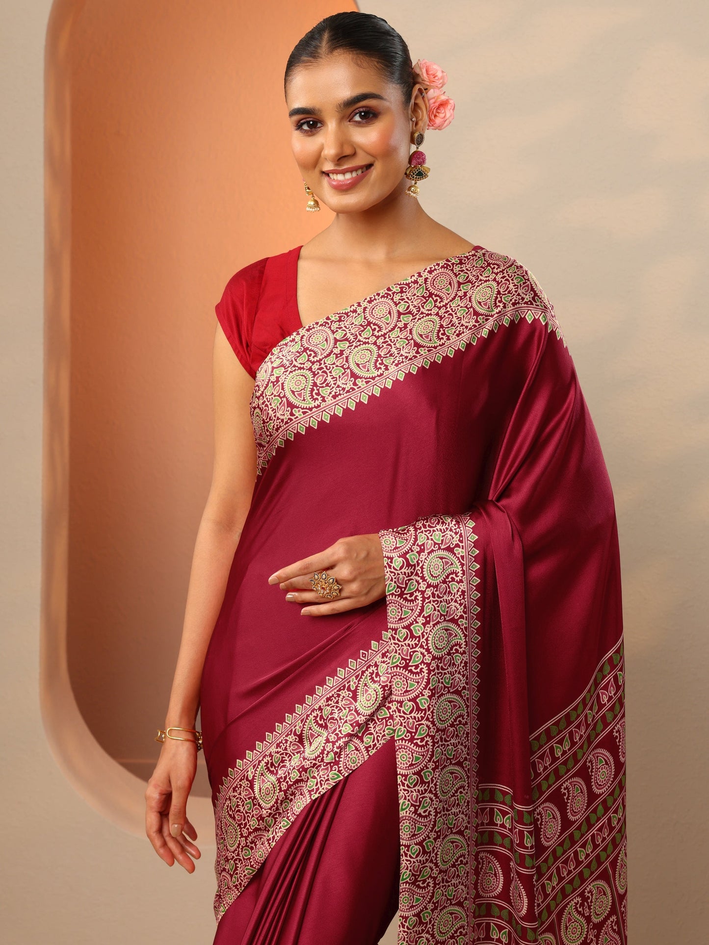 Red Solid Satin Saree With Unstitched Blouse Piece