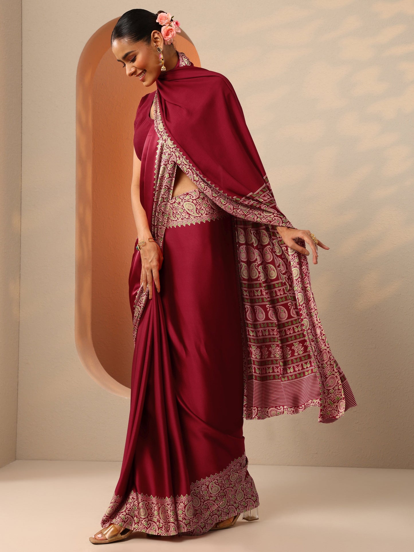 Red Solid Satin Saree With Unstitched Blouse Piece